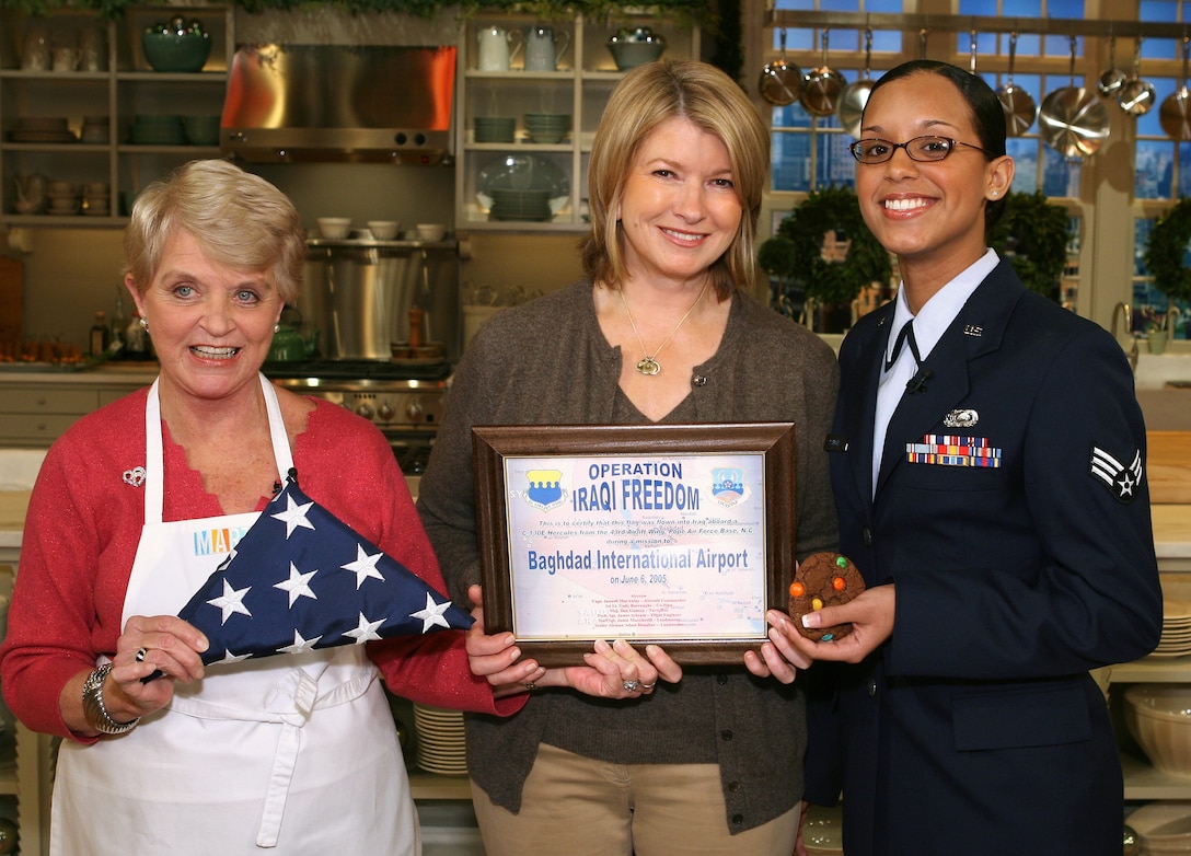 Jeanette Cram (left), founder of Treat the Troops, poses with Martha Stewart and Air Force Senior Airman Natalie Sanchez on the set of "Martha," Dec. 16. Cram appeared on the show to help in the kitchen and talk about her campaign to send cookies to deployed servicemembers. Courtesy photo