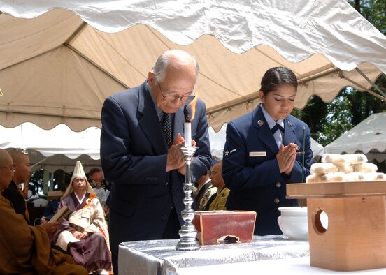 Amn Leandra Hernandez, 374th Communications Squadron, pays her respects by participating in a Buddhist ritual during the Shizuoka City memorial ceremony. The ceremony is held every year in memory of those who died during a B-29 air raid over the city on June 19, 1945.
(U.S. Air Force photo by Senior Airman Veronica Pierce).  