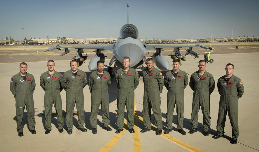 The 63rd Fighter Squadron “Panthers,” will graduate nine pilots from class 07-BBG Saturday. From left: 1st Lts. Frank Prokop, Garrett Chandler and Matthew Schroer, Capt. Ryan Lucero, 1st Lt. Luke Jones, Capts. Thomas Young and James Mixon, 1st Lt. Brian Cherolis and 2nd Lt. Jake Scott.