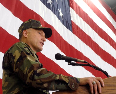 KUNSAN AIR BASE, Republic of Korea -- Col. Michael "Phoenix" Kucej, 8th Maintenance Group commander, addresses the group after assuming command July 2 here. Colonel Kuceg is the former deputy commander of the 57th Maintenance Group at Nellis AFB, Nev. (U.S. Air Force photo/Senior Airman Steven R. Doty)