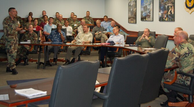 Lt. Col. Steven Albrecht, ESOHCAMP team chief, briefs wing leadership on the results of this year's internal Environment, Safety, Occupational Health Compliance Assessment and Management Program assessment. (U.S. Air Force Photo/Staff Sgt. Chris Powell)
