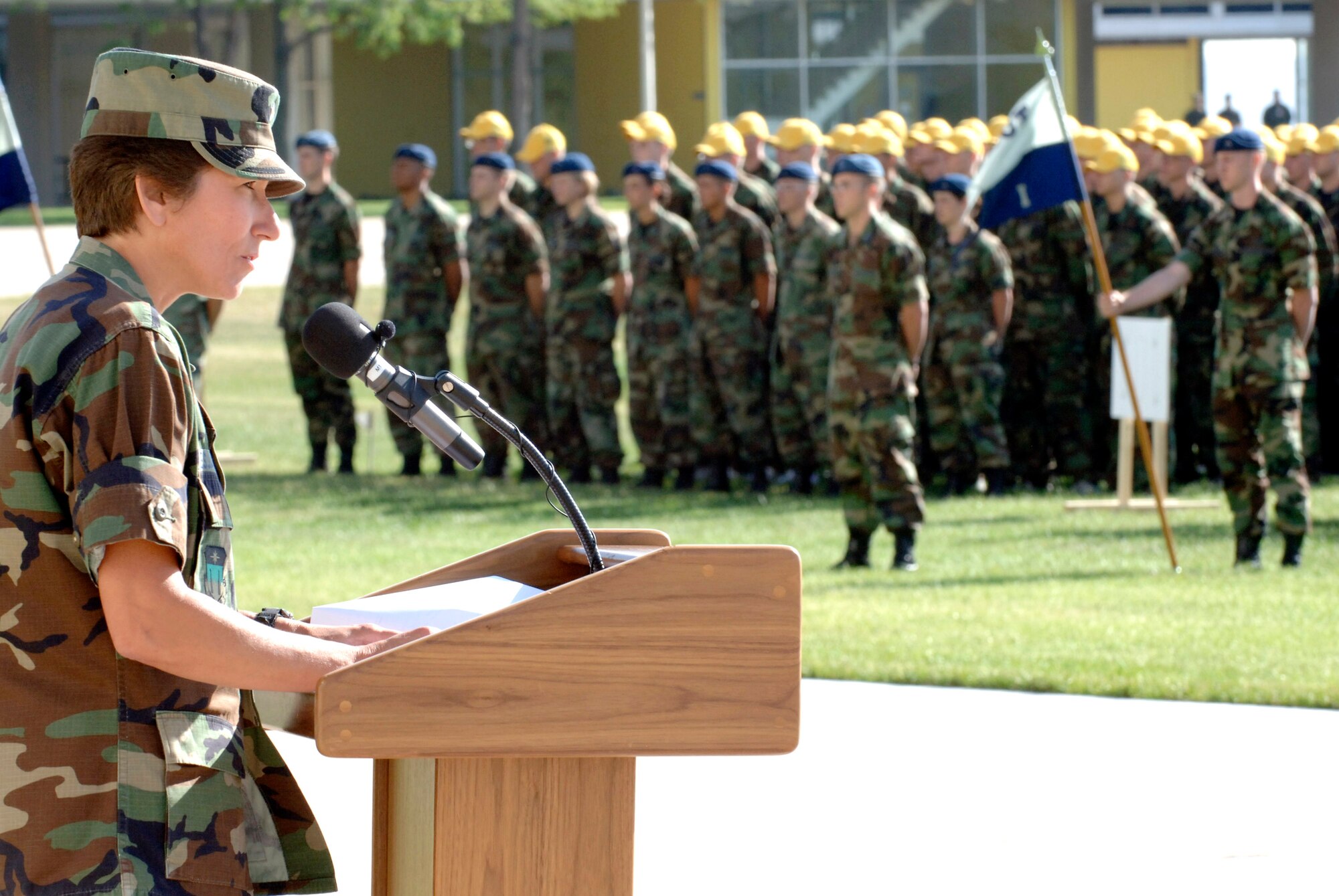 Brig. Gen. Susan Y. Desjardins speaks to basic cadets during the swearing-in ceremony June 29 at the U.S. Air Force Academy in Colorado. General Desjardins is the commandant of cadets. This ceremony marks the beginning of the first half of basic cadet training, commonly known as "First Beast." (U.S. Air Force photo/Mike Kaplan)

