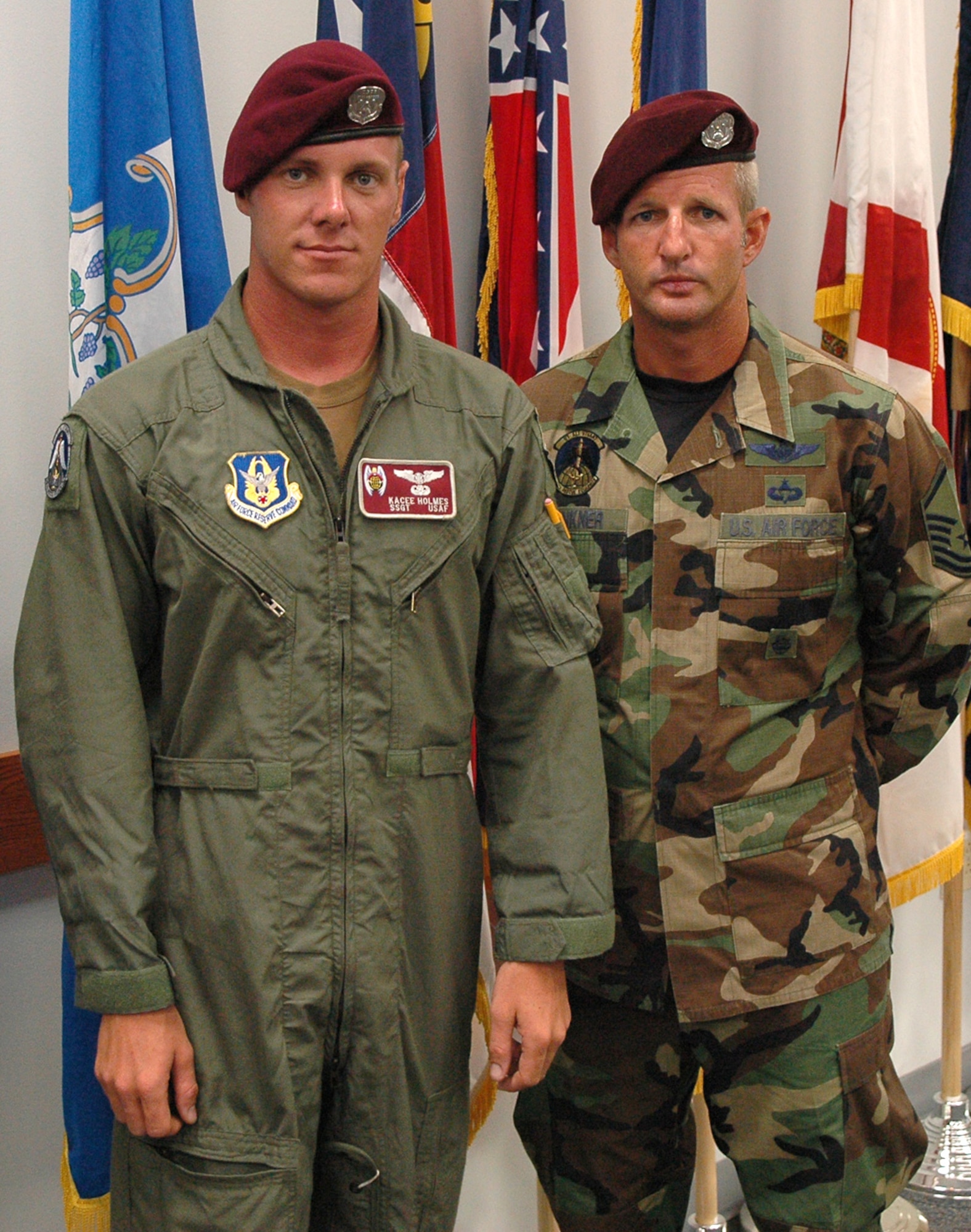 Staff Sgt. Kacee Holmes (left) and Master Sgt. Chris Seinkner, Air Force Reserve pararescuemen with the 920th Rescue Wing, Patrick Air Force Base, Fla., were preparing for a training mission when they got called out on a real life-saving mission that resulted in rescuing a 66-year-old man from the Atlantic Ocean June 28.