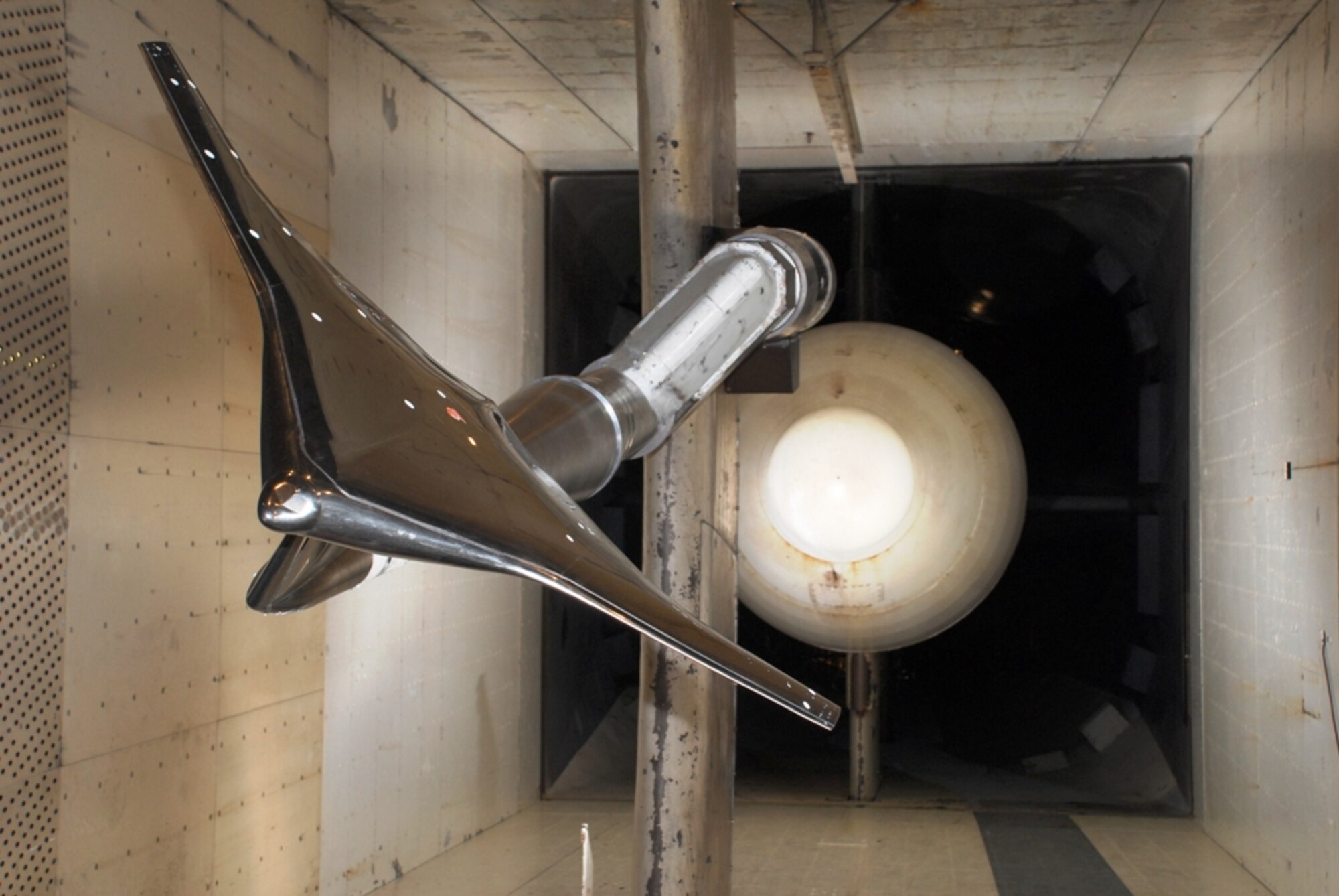 Arnold Engineering Development Center recently concluded aerodynamic tests on this two-percent model of the BWB aircraft in the center's 16-foot transonic wind tunnel, 