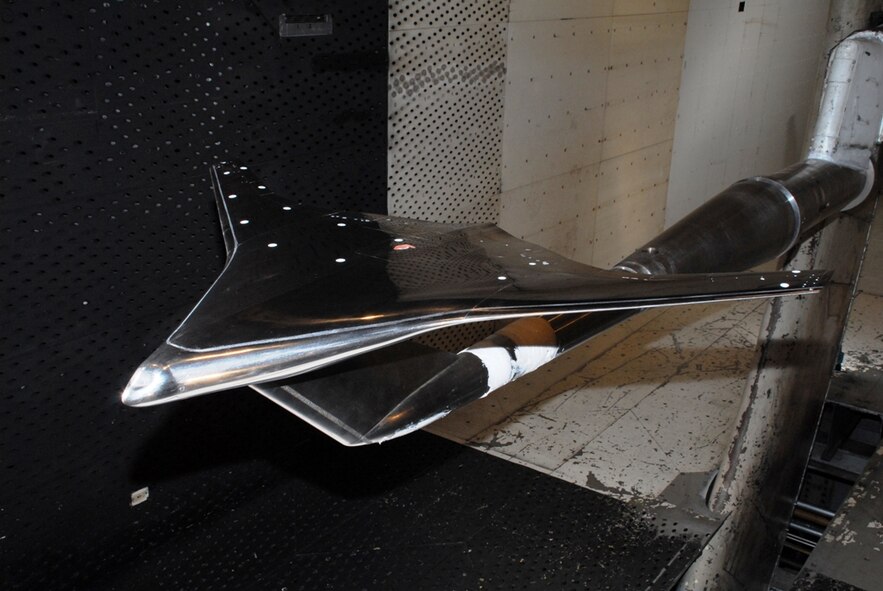 Arnold Engineering Development Center recently concluded aerodynamic tests on this two-percent model of the BWB aircraft in the center's 16 foot transonic wind tunnel, 