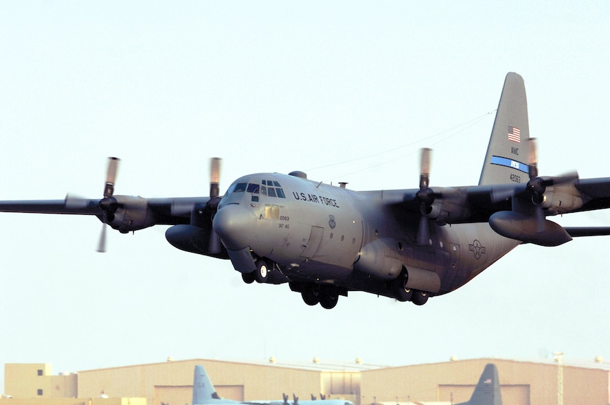 A Dyess C-130 Hercules takes off for an airlift mission from a base in Southwest Asia. More than 150 airlift sorties were flown by coalition aircraft July 1 throughout the area of responsibility. (U.S. Air Force photo) 
