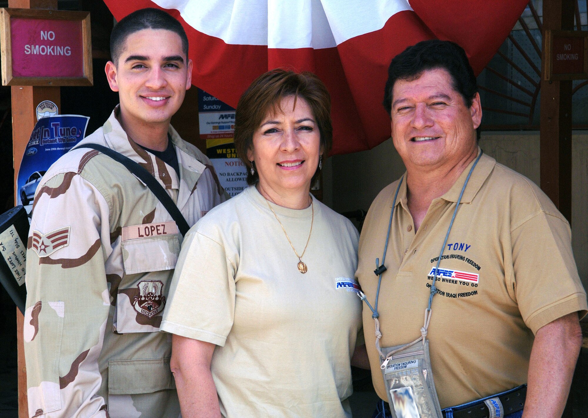 Most parents never know what it’s like for their children at a deployed location, but that is certainly not the case for Senior Airman Vincent Lopez, an A-10 weapons loader, since his father and stepmother are also deployed to Bagram Airfield, Afghanistan. (Courtesy photo)