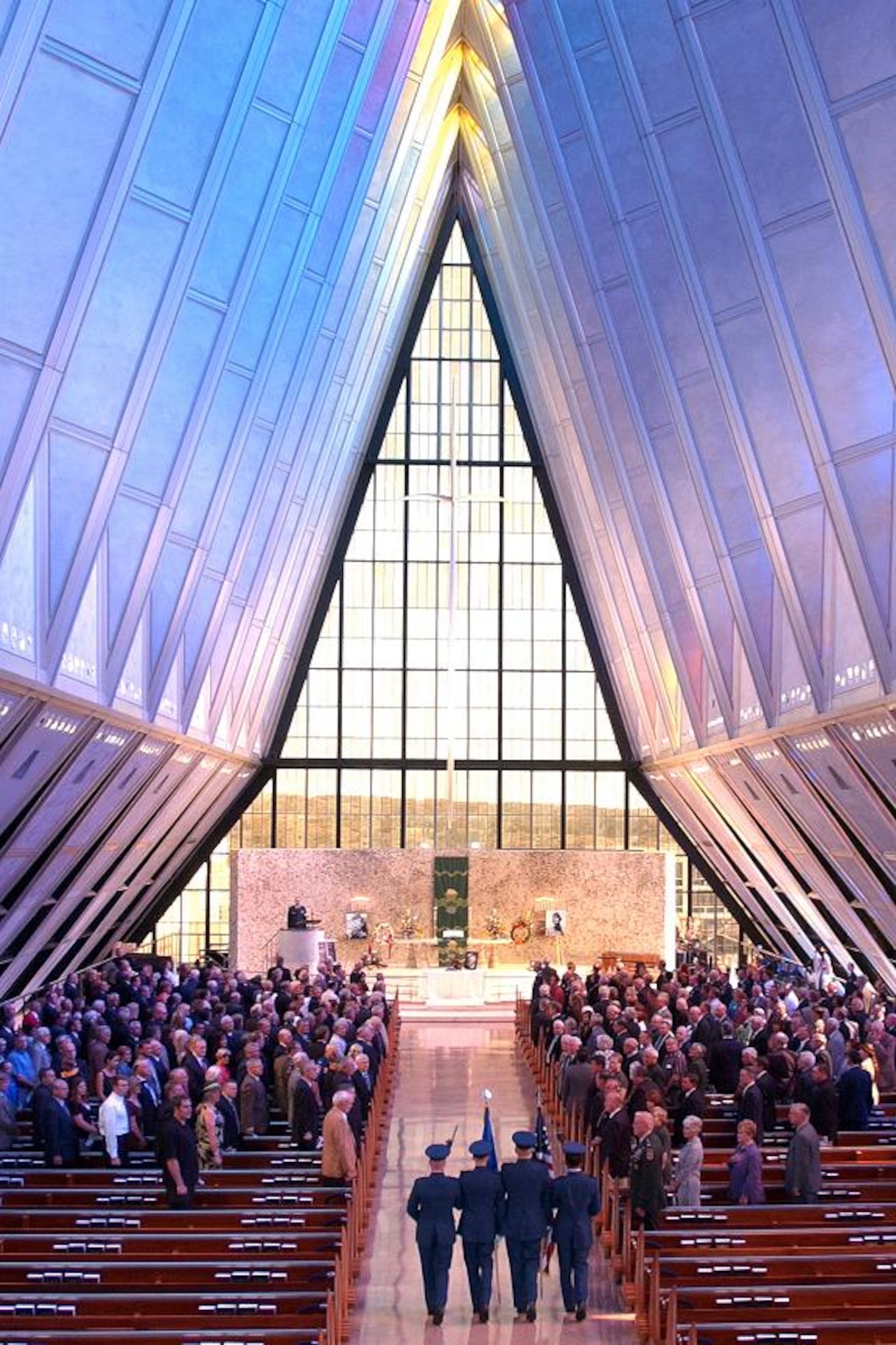The urn containing the ashes of Brigadier General Robin Olds are carried into the Cadet Chapel Saturday.  General Olds, one of the Air Force's leading fighter pilots, died June 14th in Steamboat Springs, Colorado.   (U.S. Air Force photo/Danny Meyer)