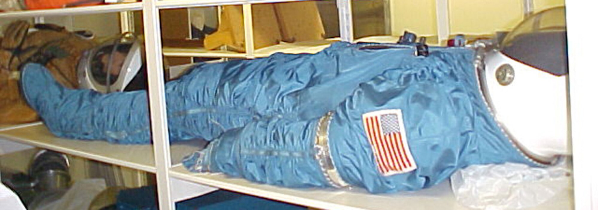 This model MH-7 training suit, produced by United Aircraft's Hamilton Standard Division, was a durable, cost-effective tool for preparing USAF astronauts for Manned Orbiting Laboratory missions in more advanced suits. MOL was to use USAF-modified NASA Gemini spacecraft to put two crewmen in a space station for up to a month. (U.S. Air Force photo)