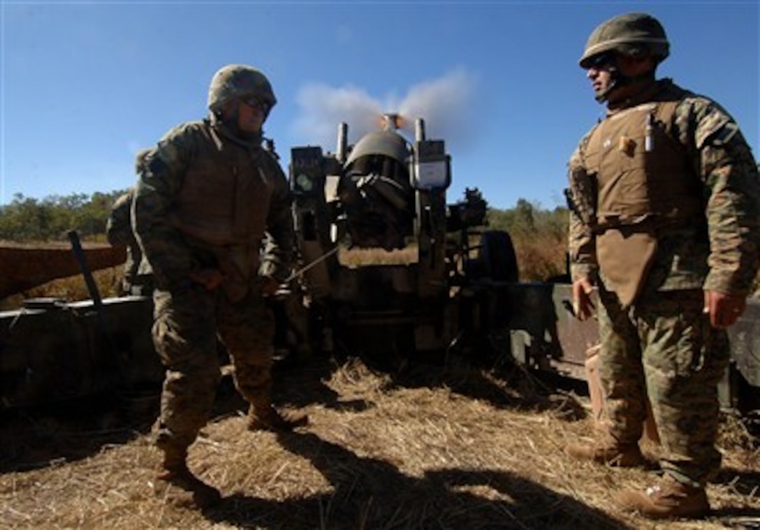 U.S. Marines from the 3rd Marine Expeditionary Brigade fire a 155mm projectile from their M198 Howitzer during a combined arms live-fire exercise as part of Exercise Talisman Sabre 2007 in Shoalwater Bay, Australia, on July 1, 2007.  The biennial exercise is designed to train Australian and U.S. forces in planning and conducting combined task force operations that improve combat readiness and interoperability.  