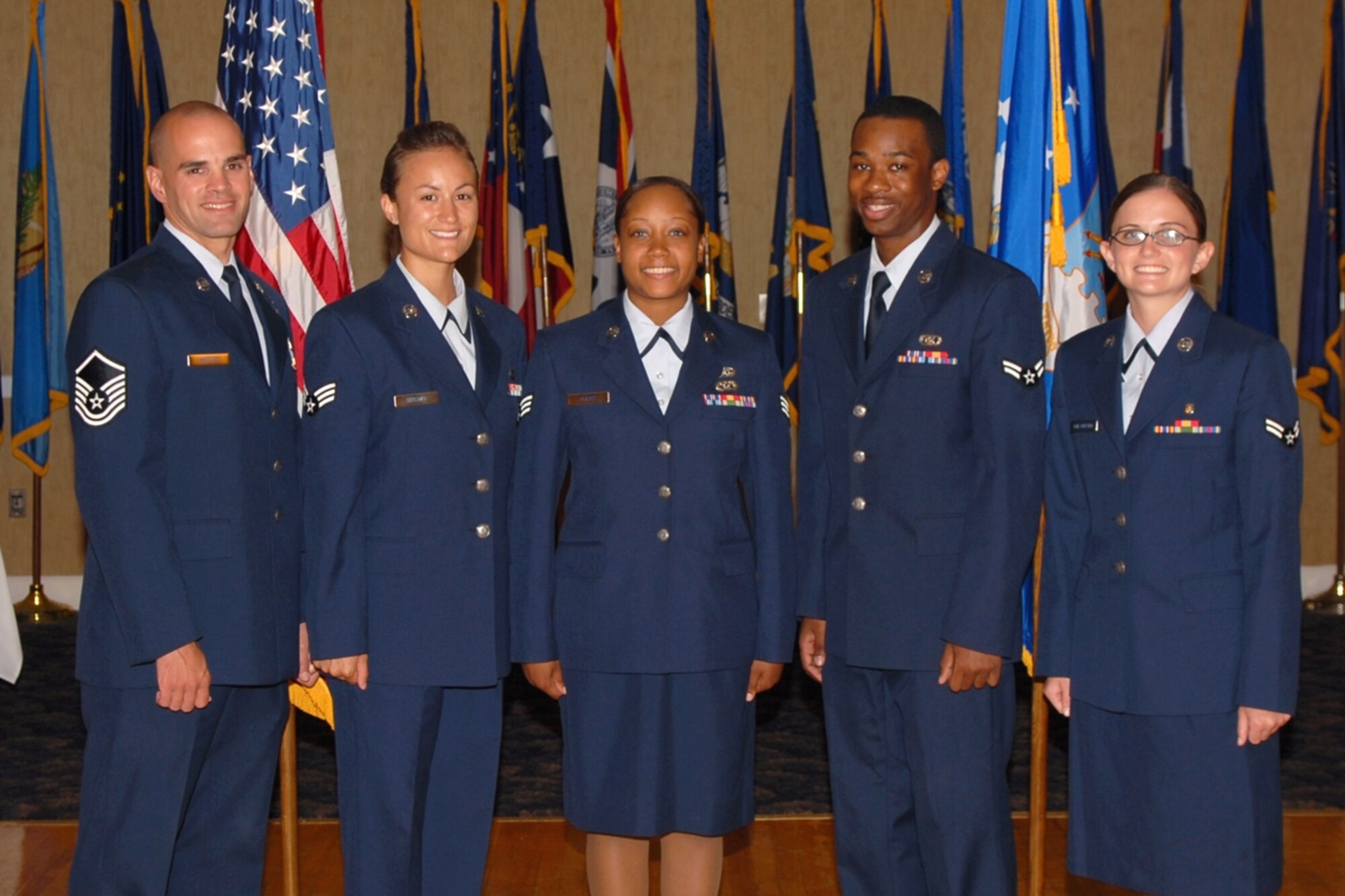 The 14th Flying Training Wing congratulates the  July enlisted promotees. Pictured are: to Master Sgt. Jason Mattice, 14th Communications Squadron; to Senior Airman Cristina Brown, 14th Services Division; Jonnie Moore, 14th Civil Engineer Squadron; to Airman 1st Class Christopher Moseley, 37th Flying Training Squadron; and Amanda Fitzgerald, 14th Medical Operations Squadron. (U.S. Air Force Photo by Tammy Baudoin)