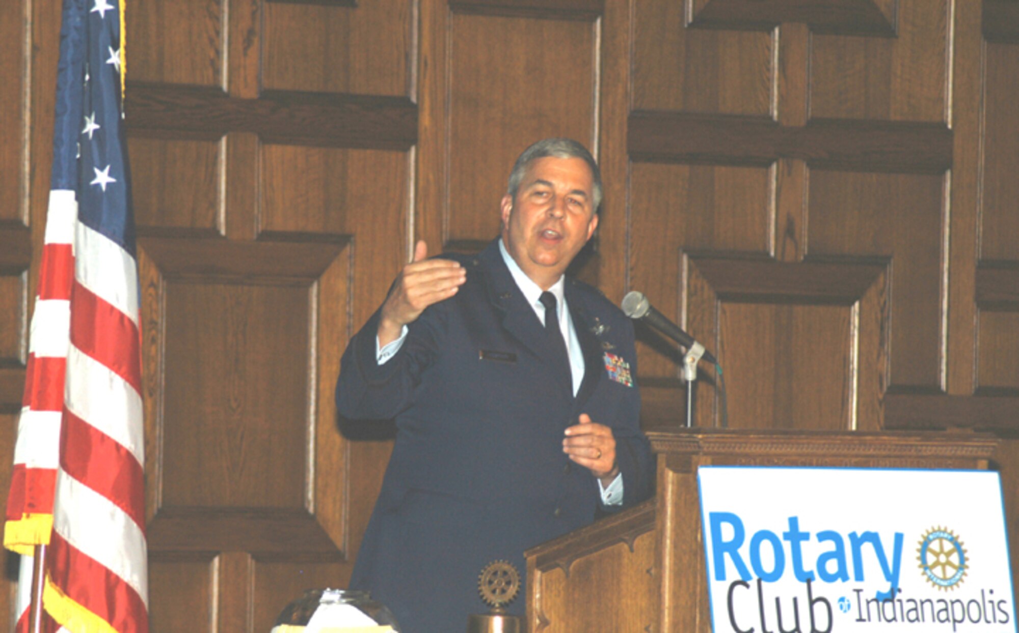 GRISSOM AIR RESERVE BASE, Ind -- Brig. Gen. Dean J. Despinoy, 434th Air Refueling Wing Commander, addresses members of the Indianapolis Rotary Club on July 3.  The general's presentation took place at the Scottish Rite Cathedral in Indianapolis, Ind., with more than 160 civic leaders in attendance.  The speech provided the Rotarians with an overview on Grissom ARB, its mission, and impact on the area.  (U.S. Air Force photo/Lt. Col. Gary Lockard)