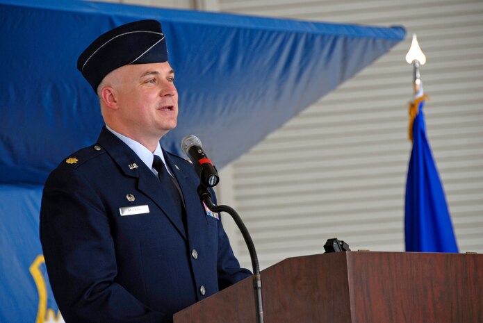 Maj. Gerald McCray, 437th Aircraft Maintenance Squadron commander, speaks at his change of command ceremony in Charleston AFB's Nose Dock 2, June 28. (U.S. Air Force photo/Senior Airman Sam Hymas)