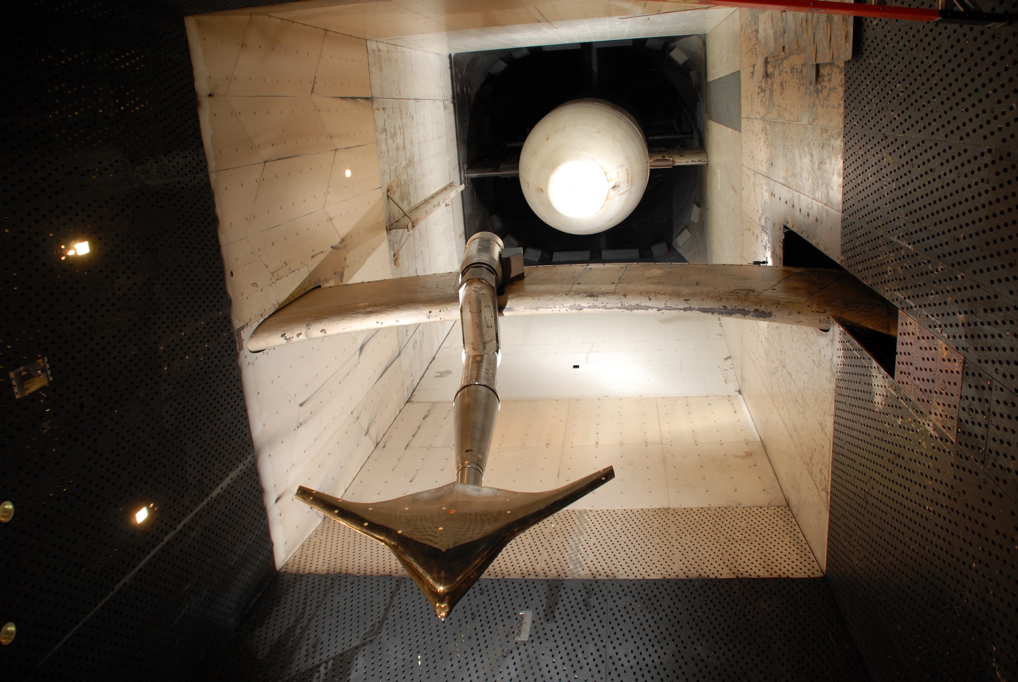 Arnold Engineering Development Center recently concluded aerodynamic tests on this two-percent model of the BWB aircraft in the center's 16 foot transonic wind tunnel. 