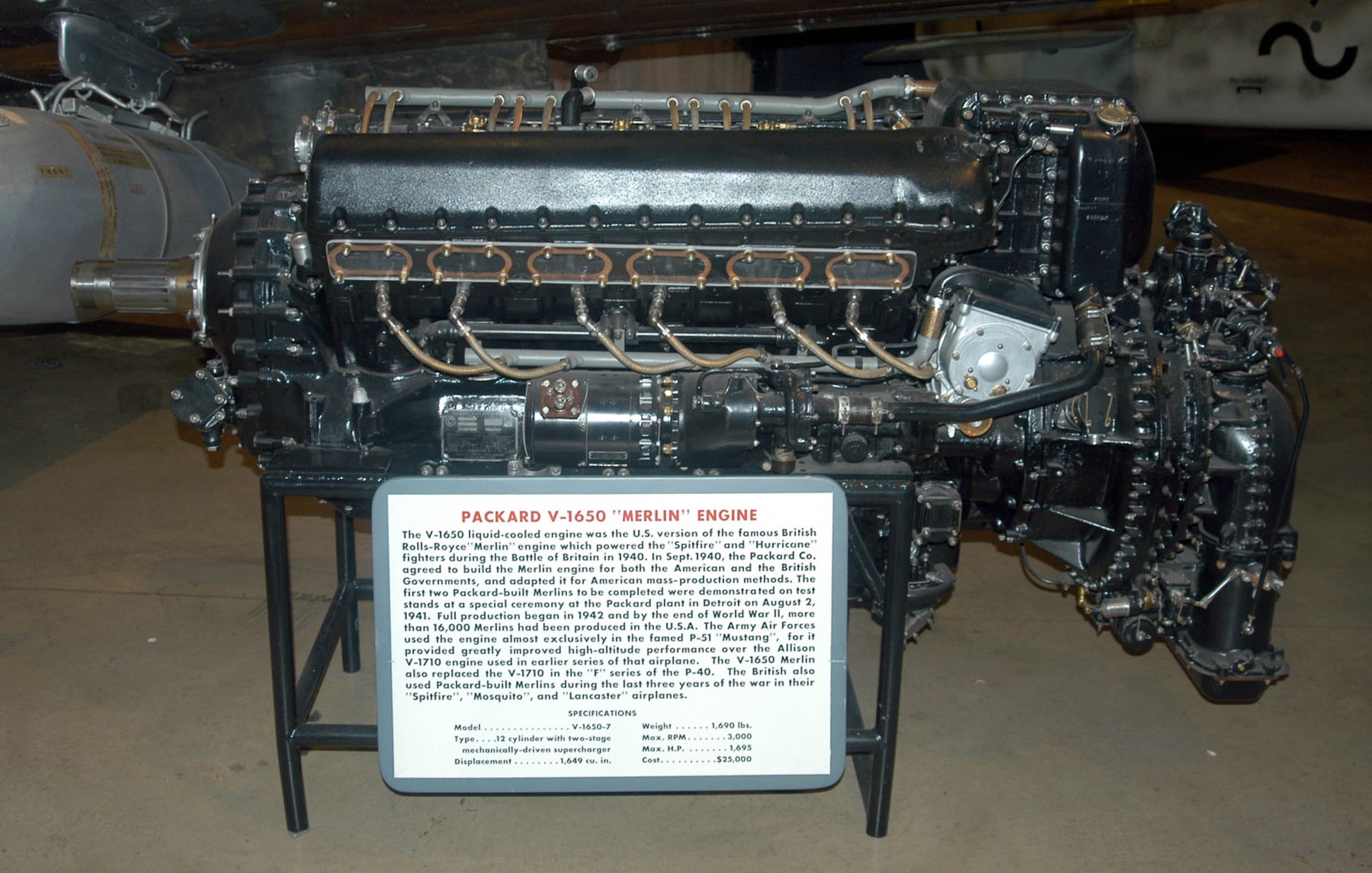 DAYTON, Ohio -- Packard V-1650 Merlin engine on display in the World War II Gallery at the National Museum of the United States Air Force. (U.S. Air Force photo)