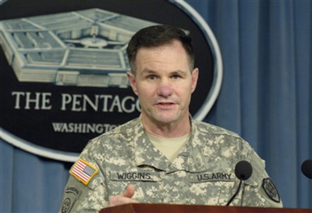 Joint Staff Deputy Director for Regional Operations Brig. Gen. Perry Wiggins, U.S. Army, conducts a press briefing to update reporters on recent operational events in Afghanistan and Iraq in the Pentagon on July 3, 2007.  