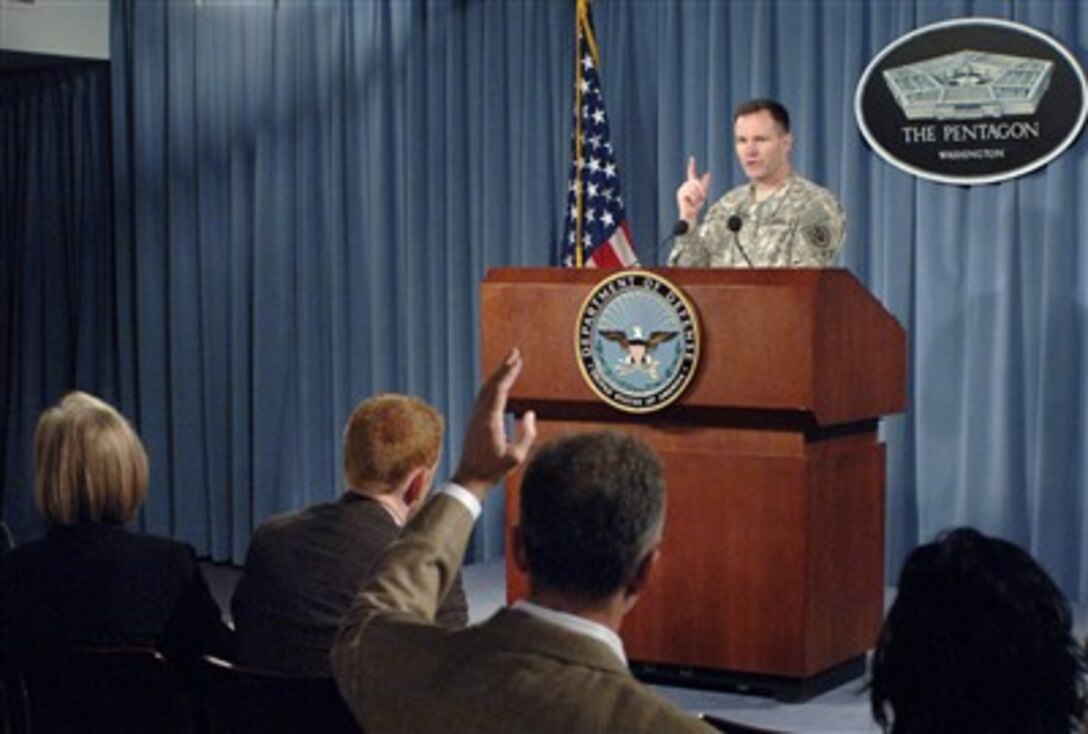 U.S. Army Brig. Gen. Perry Wiggins, deputy director for regional operations, J3, the Joint Staff, holds a Pentagon press briefing, July 3, 2007, to update reporters on the latest military information coming out of Afghanistan and Iraq.
