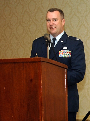 Lt. Col. Jeffrey Todd, 437th Civil Engineer Squadron commander, speaks during his change of command ceremony held at the Charleston Club June 28. (U.S. Air Force photo/ Staff Sgt. April Quintanilla)