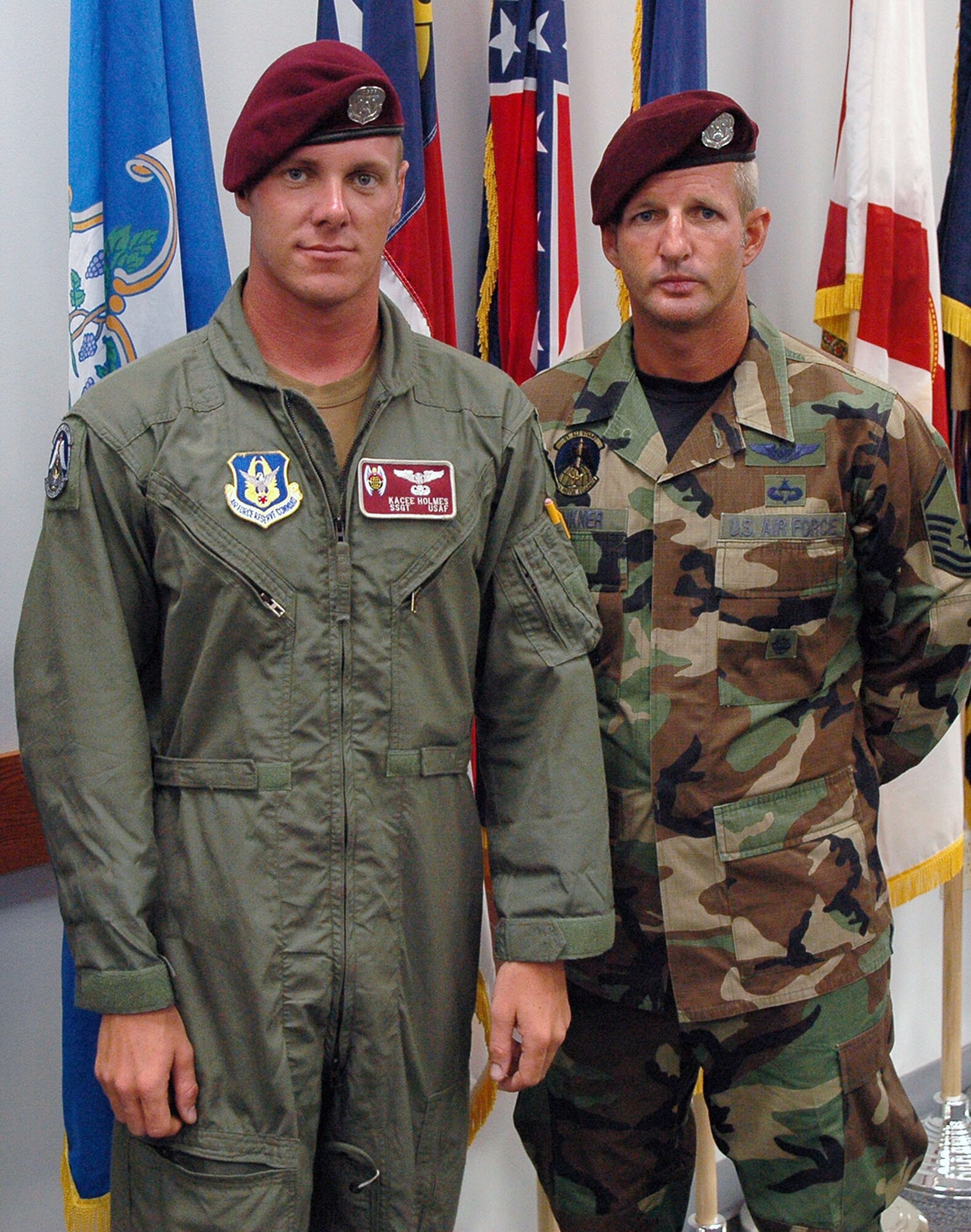 Staff Sgt. Kacee Holmes (left) and Master Sgt. Chris Seinkner were preparing for a pararescue training mission when they got called out on a real life-saving mission June 28 that resulted in rescuing a 66-year-old man from the Atlantic Ocean.  The two Airmen are Air Force Reserve pararescuemen with the 920th Rescue Wing at Patrick Air Force Base, Fla.  (U.S. Air Force photo) 