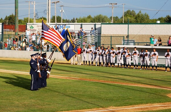 The 341st Space Wing Honor Guard present the Colors at the Great Falls White Sox’s Centene Stadium prior to their game against the Billings Mustangs June 29. The White Sox hosted Military Appreciation Night for all U.S. servicemembers. (U,S, Air Force photo / Airman 1st Class Dillon White)