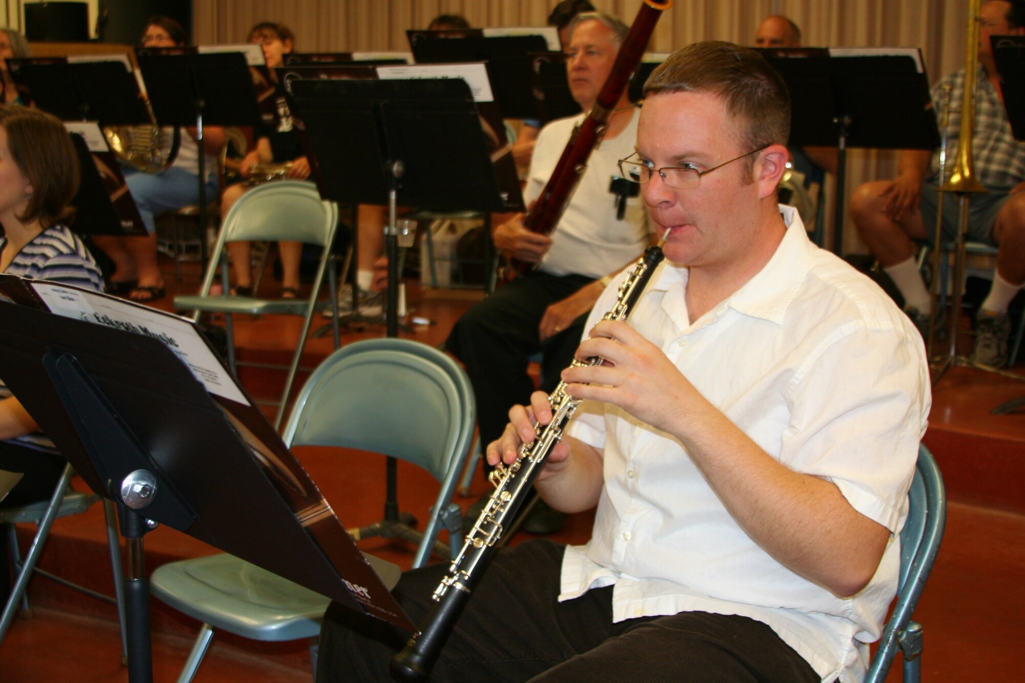 Staff Sgt. Sembroski plays the oboe during a rehearsal for the Great Falls Symphony Orchestra June 30.
