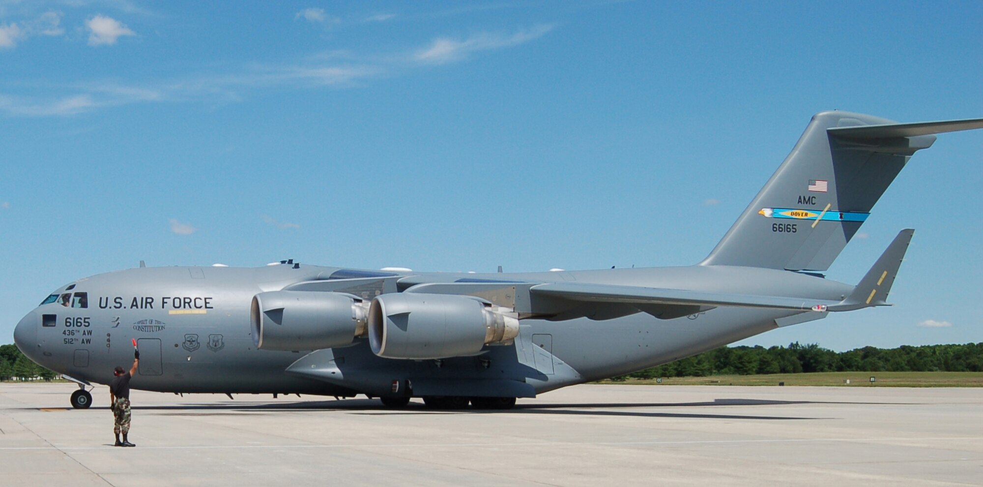 Dover Air Force Base's first C-17, Spirit of the Constitution, returns from its first mission in support of combat operations in Afghanistan. (U.S. Air Force photo/Tech. Sgt. Kevin Wallace)