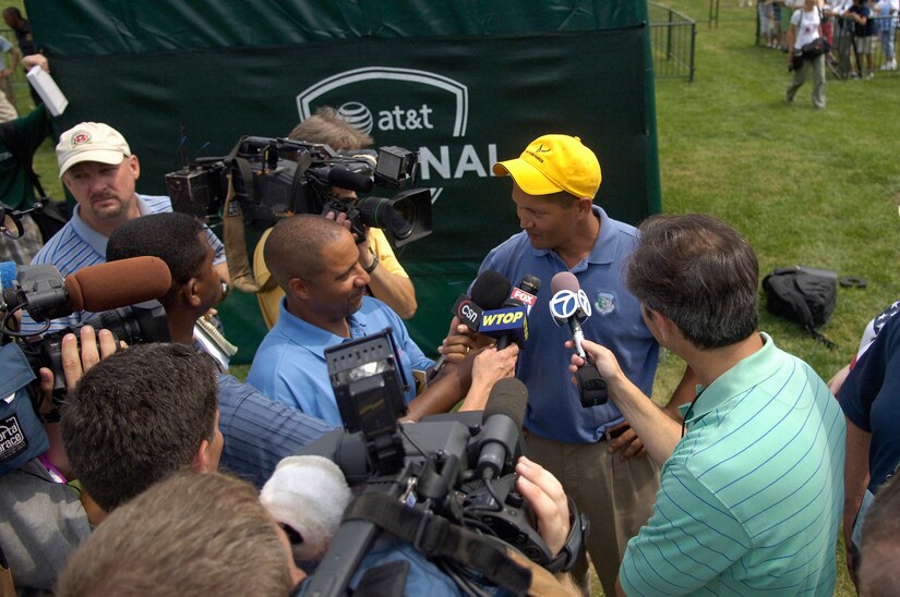 Tech. Sgt Andy Amor, 316th Civil Engineer Squadron, gives an interview with local and national media after playing in a Pro-Am with Tiger Woods.  Sergeant Amor was selected to represent the Air Force at the Pro-Am event before the start of the AT&T National Golf Tournament at Congressional Country Club in Bethesda, Md., July 4. Tiger Woods is the event host as well as a contestant and spokes person. (U.S. Air Force photo by Senior Airman Dan DeCook)