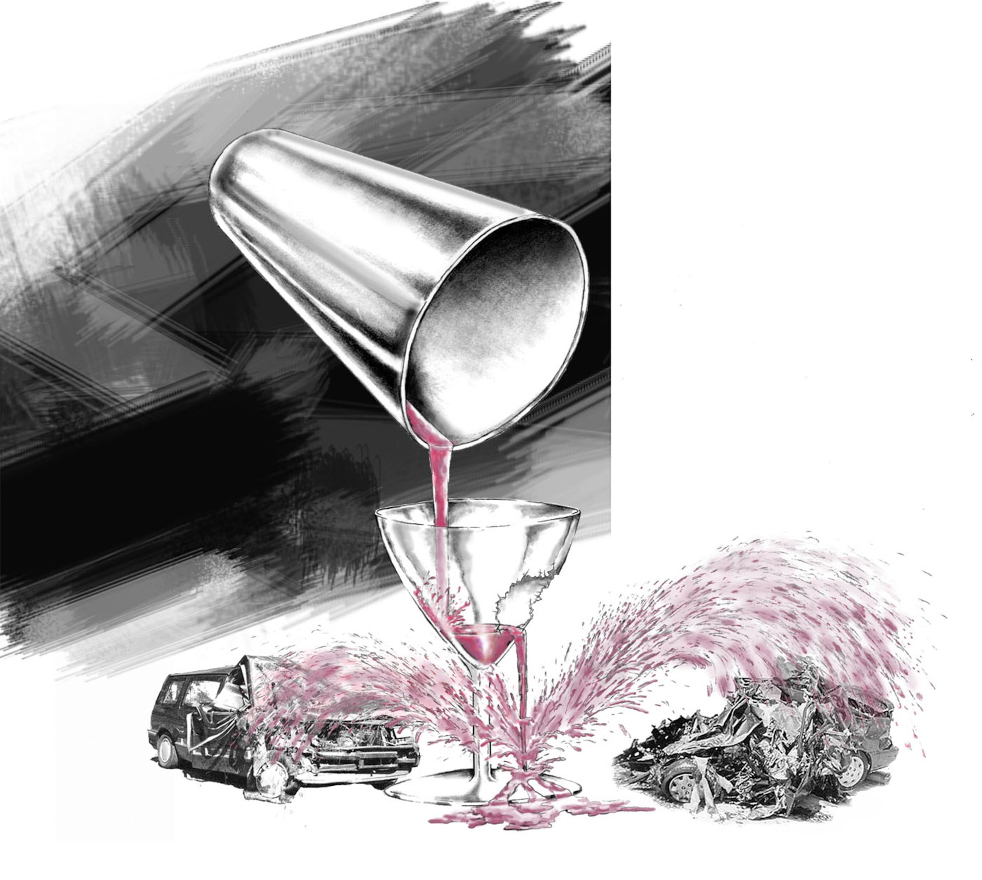 A martini shaker pouring alcohol into a broken glass with the alcohol splattering onto two wrecked vehicles, illustrating the consequences of DUI in this story. (composite illustration by Sammie W. King)