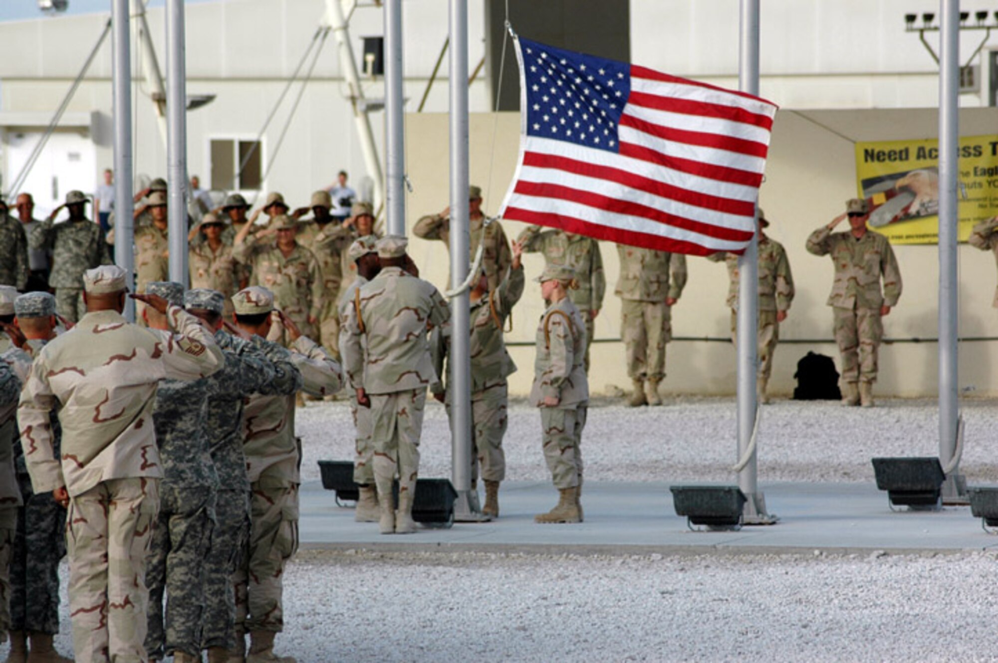 Servicemembers stationed in Southwest Asia participate in a 4th of July retreat. The base had several events to celebrate the holiday to include live entertainment, a barbeque and a triathalon. (U.S. Air Force photo/Senior Airman Clark Staehle)