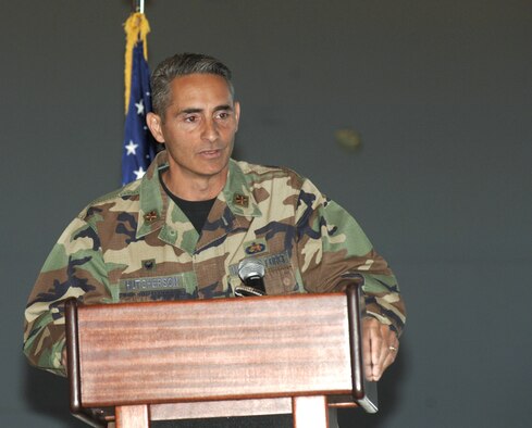 FAIRCHILD AIR FORCE BASE, Wash. – Maj. Carl Hutcherson, new commander of the 92nd Maintenance Operations Squadron, makes his first address as commander during his change of command ceremony here July 3. (U.S. Air Force photo/ Senior Airman Chad Watkins) 
