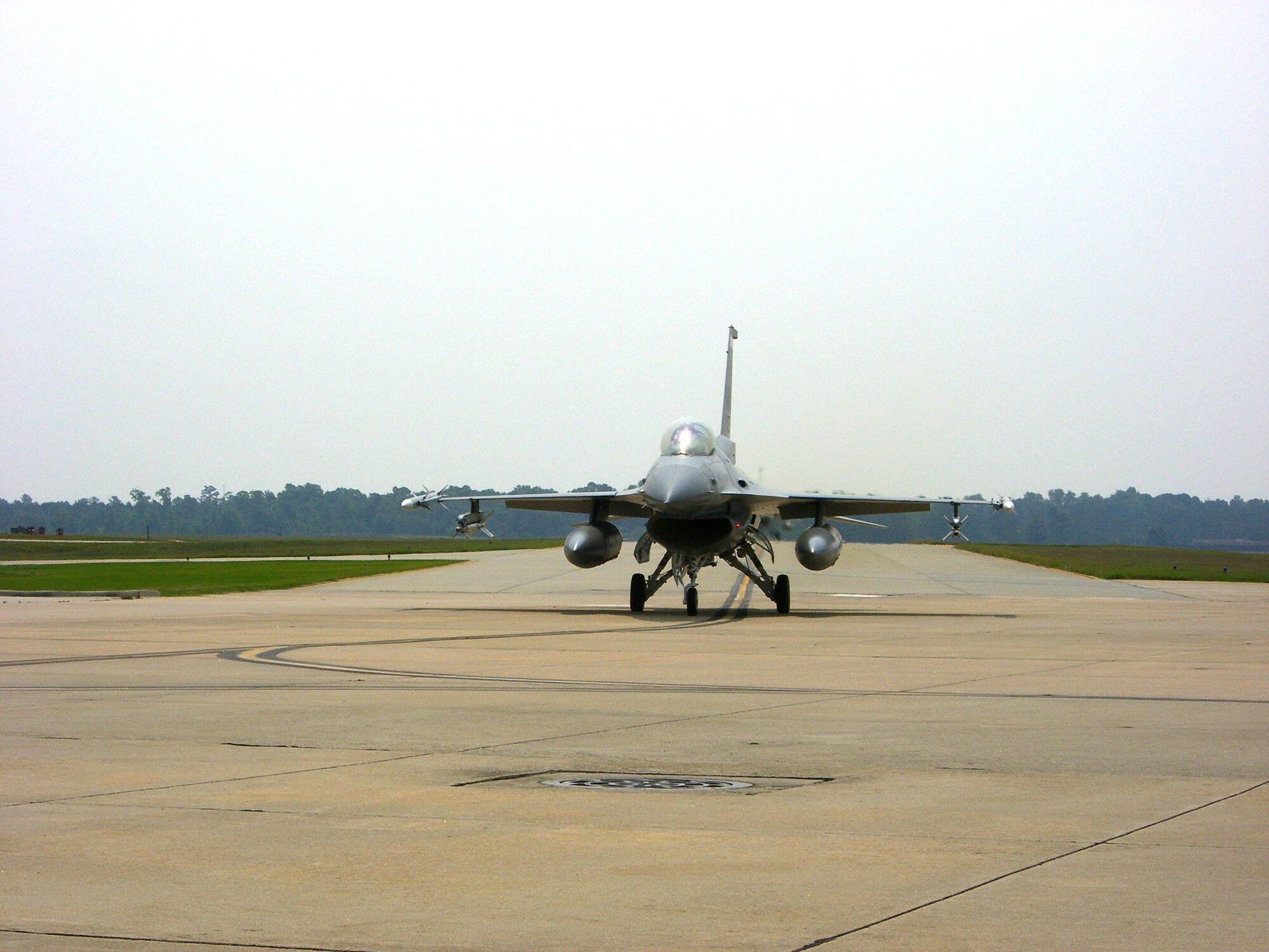 A 148th Fighter Wing F-16 from Duluth, Minn., taxis upon arrival at Shaw Air Force Base, Friday, June 22nd.  The 148th Fighter Wing is temporarily filling an Air Sovereignty Alert mission at there.