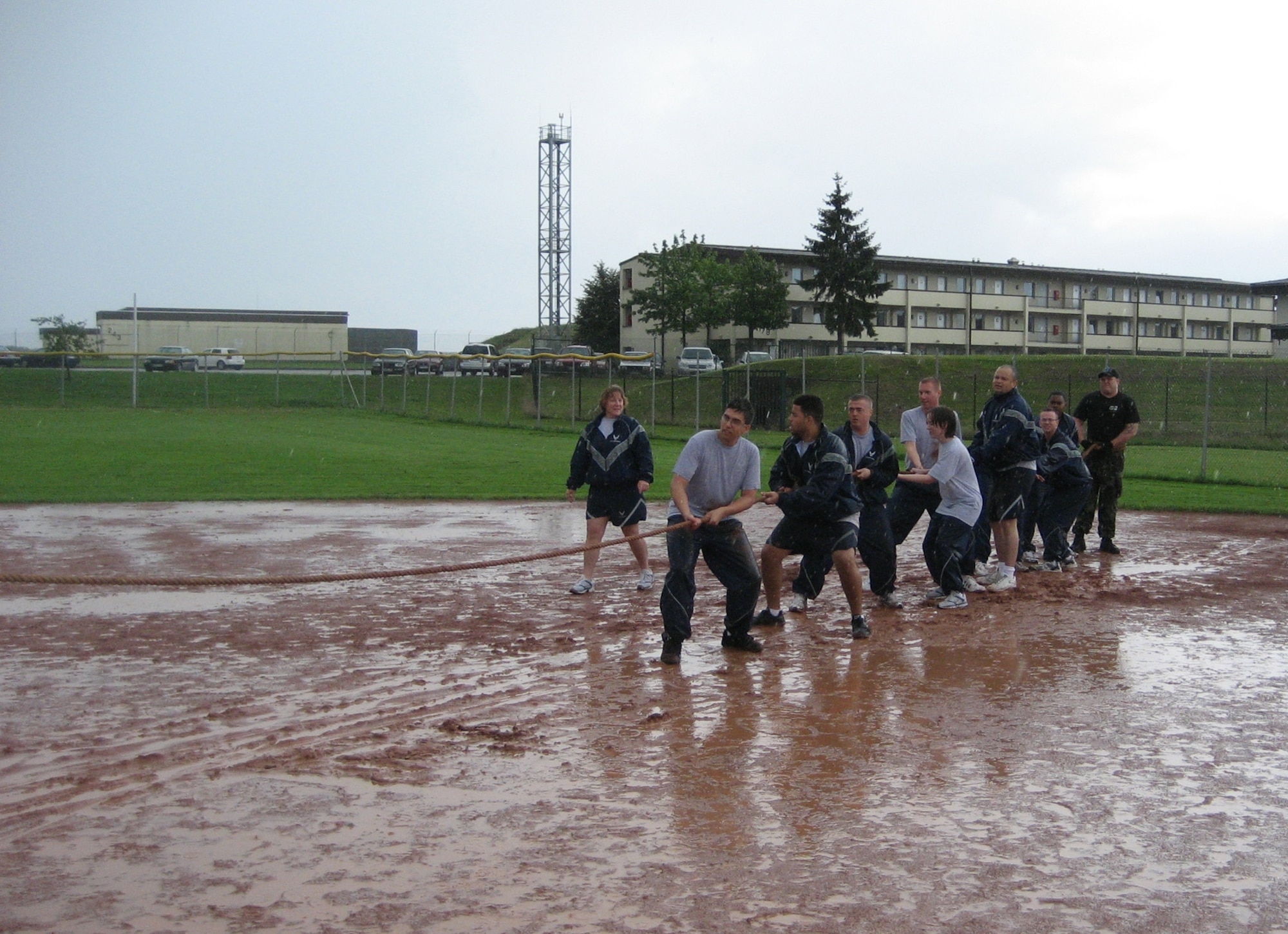 SPANGDAHLEM AIR BASE, Germany – Despite the rain and mud Airmen from the 52nd Fighter Wing prepare to begin tug-of-war during the 52nd FW's Sport Day July 2, 2007. (U.S. Air Force photo)