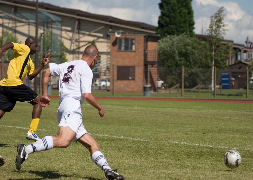 Mildenhall Marauders' Danny Franz, 67th Special Operations Squadron, goes on the attack in the USAFE soccer championship game. (U.S. Air Force photo by MSgt Jeffrey Waits)
