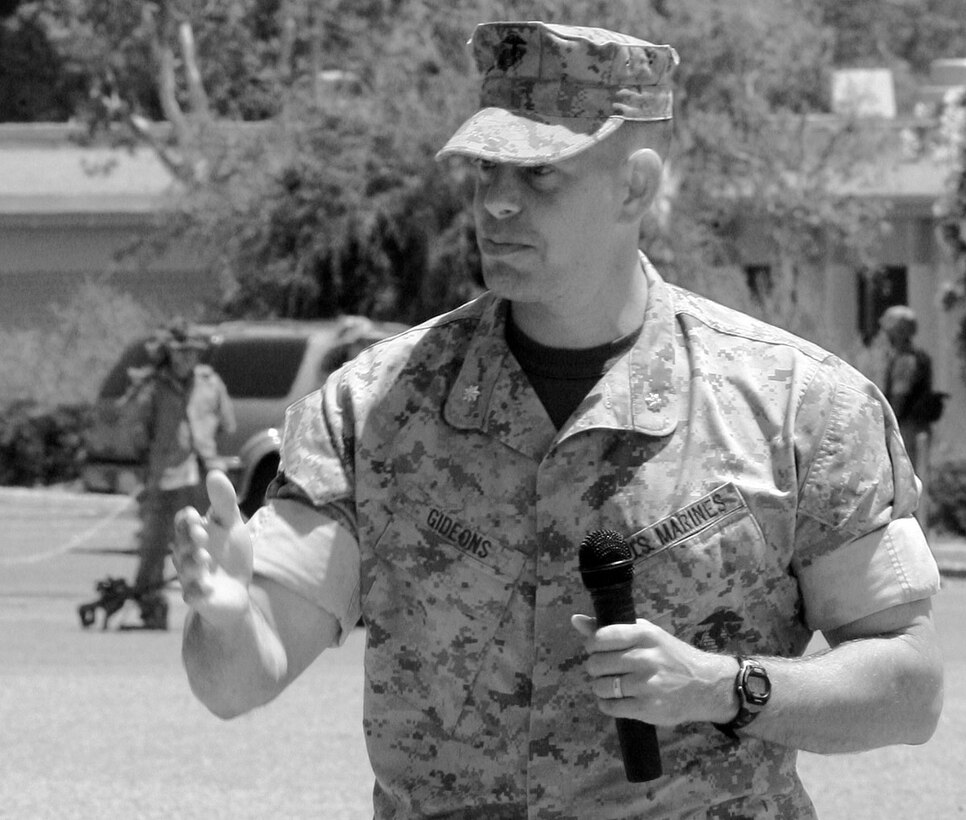 Lt. Col. Christopher D. Gideons addressed the crowd as he  assumed command of the Advanced Infantry Training Batalion here.