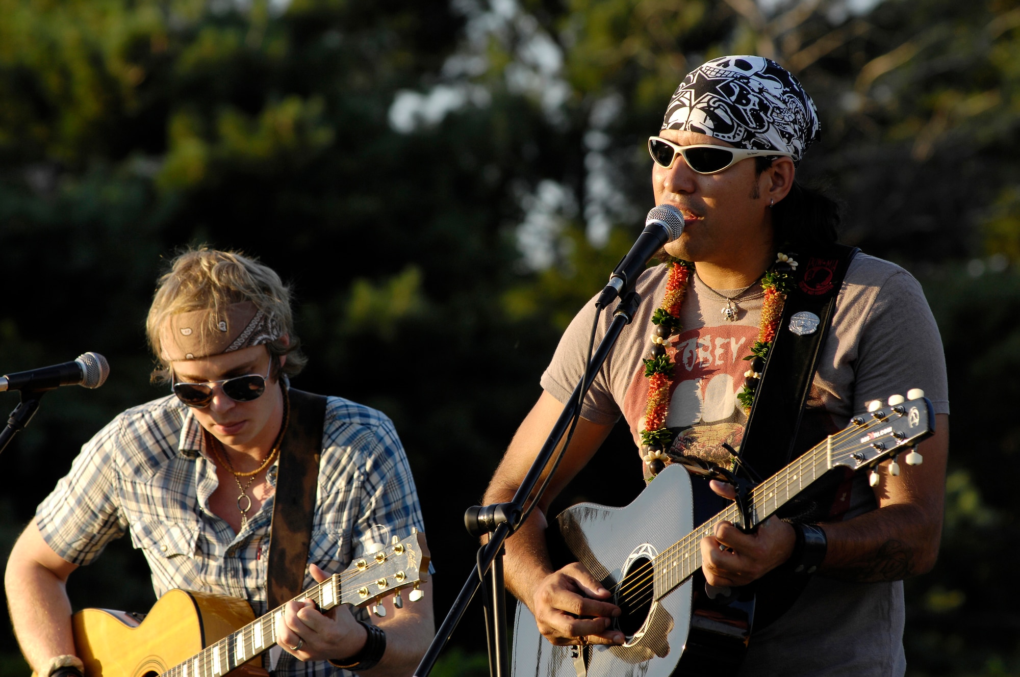 Country music artist Donovan Chapman (right) performs with band member Mark Oshea during an Air Force Week concert and Tops in Blue Show on archery field at the Saint Louis Science Center, July 6. (U.S. Air Force photo/Staff Sgt. Brian Ferguson) 