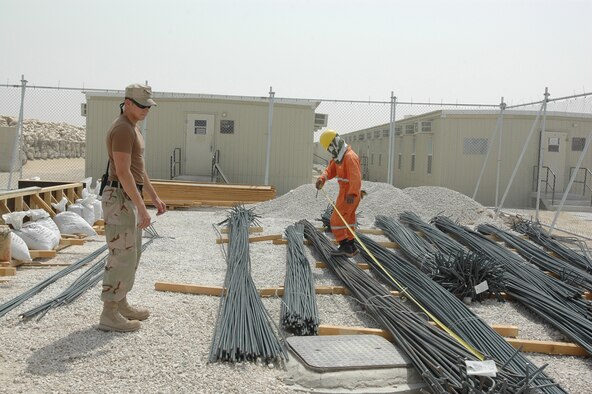 Airman 1st Class Matthew Mokler, 379th Expeditionary Civil Engineer Squadron, provides security at a construction sight in Coalition Compound. Airman Mokler and other Airmen with the 379th ECES monitor the third country nationals here while doing their jobs to make sure the tasks are being carried out in a secure fashion. (U.S. Air Force by Staff Sgt. Cassandra Locke)