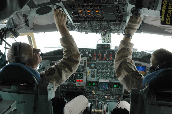 Col. Jeff Fraser, 379th Air Expeditionary Wing vice commander (right) and Capt. Mike Crooks, 340th Expeditionary Air Refueling Squadron, prepare a KC-135R for a refueling mission Wednesday. Colonel Fraser is a command pilot, having logged more than 5,100 hours of flying time. (U.S. Air Force Senior Aiman Clark Staehle)