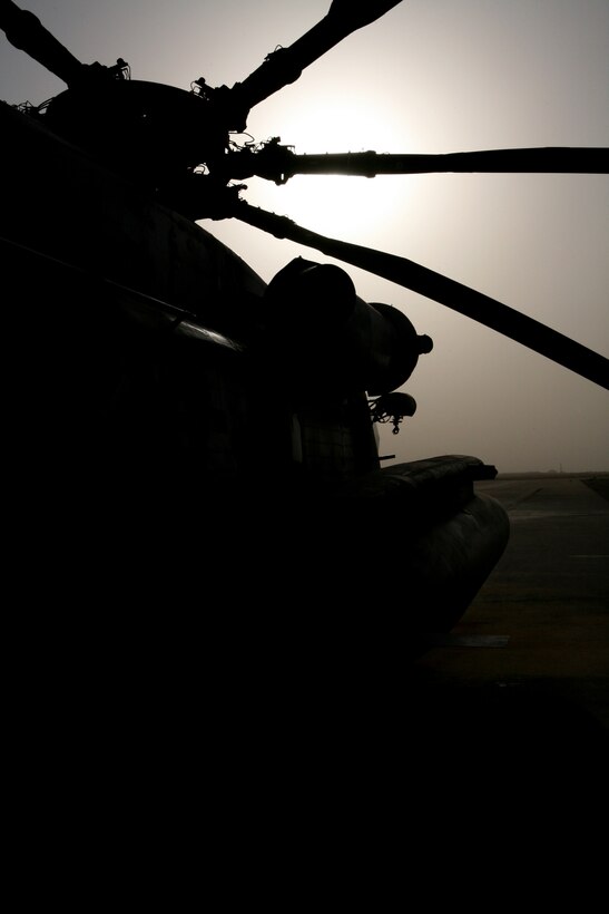 AL ASAD, Iraq - A CH-53E "Super Stallion" flown by Marine Heavy Helicopter Squadron 466 sits on the Al Asad flight line before a crew begins a preflight inspection in preparation for a mission, July 9. The "Wolfpack" of HMH-466 is responsible for transporting Marines and equipment around Iraq's Al Anbar Province.