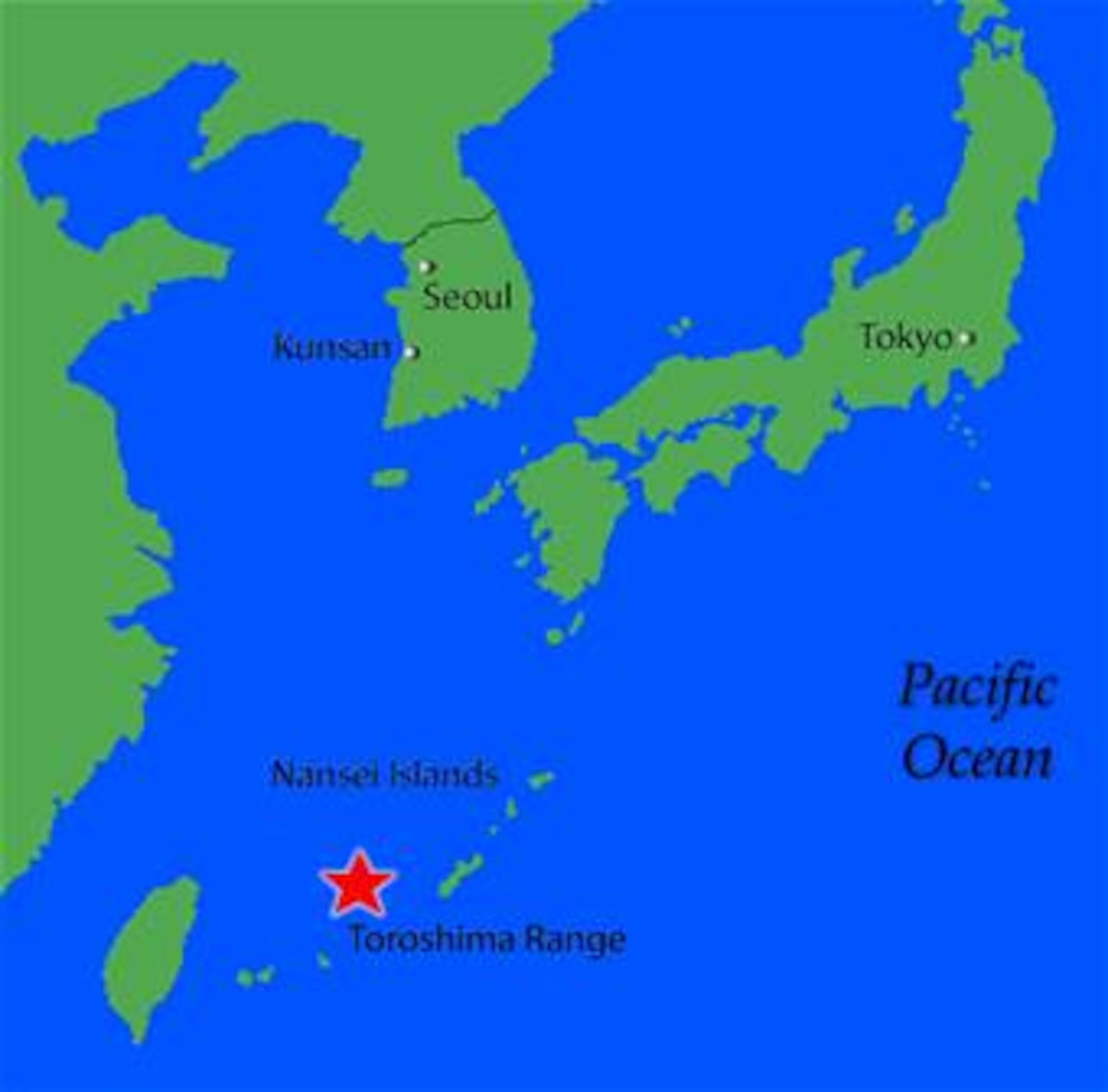 Toroshima Range, located approximately 650 miles south of Kunsan Air Base, Republic of Korea, is a small, uninhabited island owned by the Japanese government. The bombing range can accomodate an assortment of 8th Fighter Wing "Wolf Pack" weaponry, including a variety of guided bomb units, air-to-ground missiles and traditional iron bombs. (U.S. Air Force graphic/Senior Airman Stephen Collier)