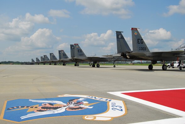 F-15 Eagles from Eglin Air Force Base, Fla., sit on Moody’s flightline July 2, after severe weather made landing at their home stations impossible.   In all, 22 fighters from both Tyndall AFB, Fla., and Eglin were forced to divert to Moody.  This is the largest number of aircraft to ever weather divert to the base.  (U.S. Air Force photo by Tech. Sgt. Parker Gyokeres) 