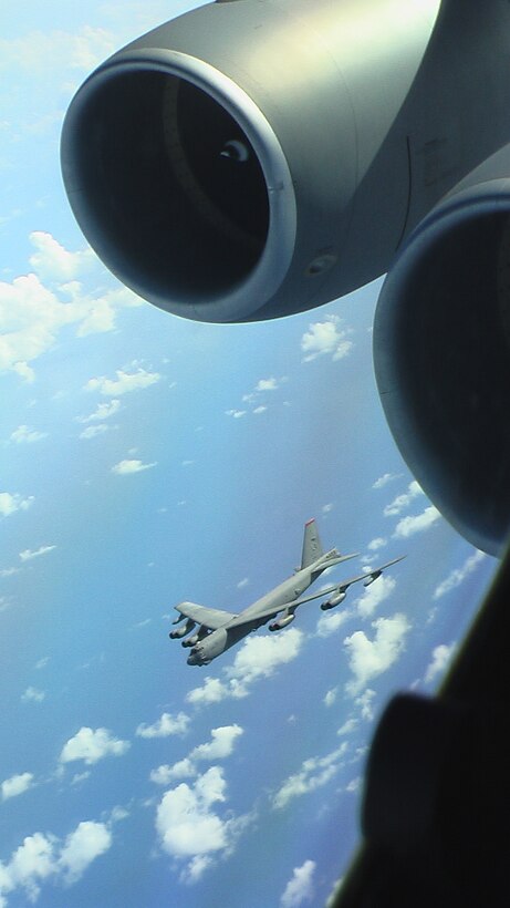 B-52s from the 20th Expeditionary Bomb Squadron fly in support of Operation Green Lightning recently. The mission consisted of 10 B-52 bombers flying more than 4,500 nautical miles to the Delamere Bombing Range in Australia where they dropped four  750-pound general purpose bombs and then flew non-stop back to Andersen. (Courtesy photo)
