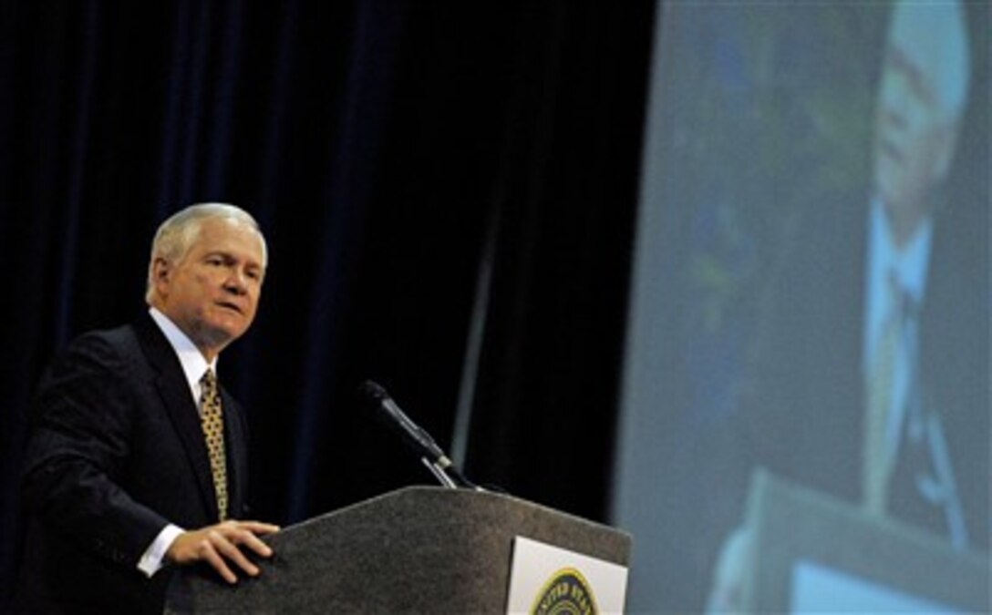Secretary of Defense Robert M. Gates addresses the audience during the U.S. Special Operations Command change of command ceremony at the Tampa Convention Center in Tampa, Fla., July 9, 2007. U.S. Navy Adm. Eric T. Olson took over as the eighth commander of U.S. Special Operations Command from Army Gen. Doug Brown, in a ceremony presided over by Gates. 