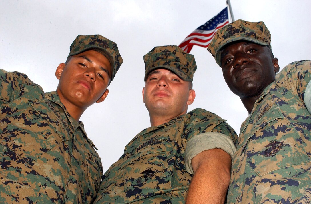 Pfc. Abel Curicabrera, Pfc. Vladimir Balinovsky and Lance Cpl. Ben Brobby born in Peru, Ukraine and Ghana respectively, showing their gratitude to the United States by serving as Marines.