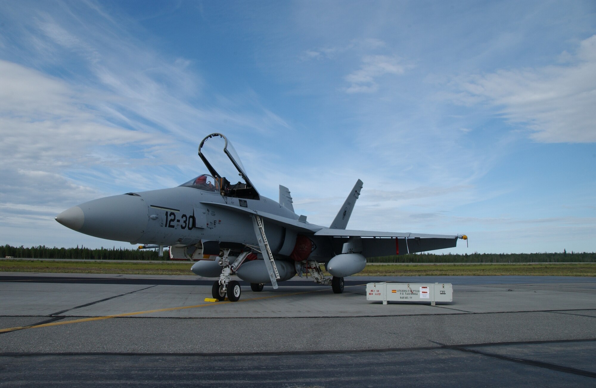 EIELSON AIR FORCE BASE, Alaska -- A Spanish F-18 sits on the flight line waiting to be serviced before a training exercise July 10, 2007. Red Flag-Alaska, a series of Pacific Air Forces commander-directed field training exercises for U.S. forces, provides joint offensive counter-air, interdiction, close air support, and large force employment training in a simulated combat environment.  (U.S. Air Force photo by Airman 1st Class Christopher Griffin)
