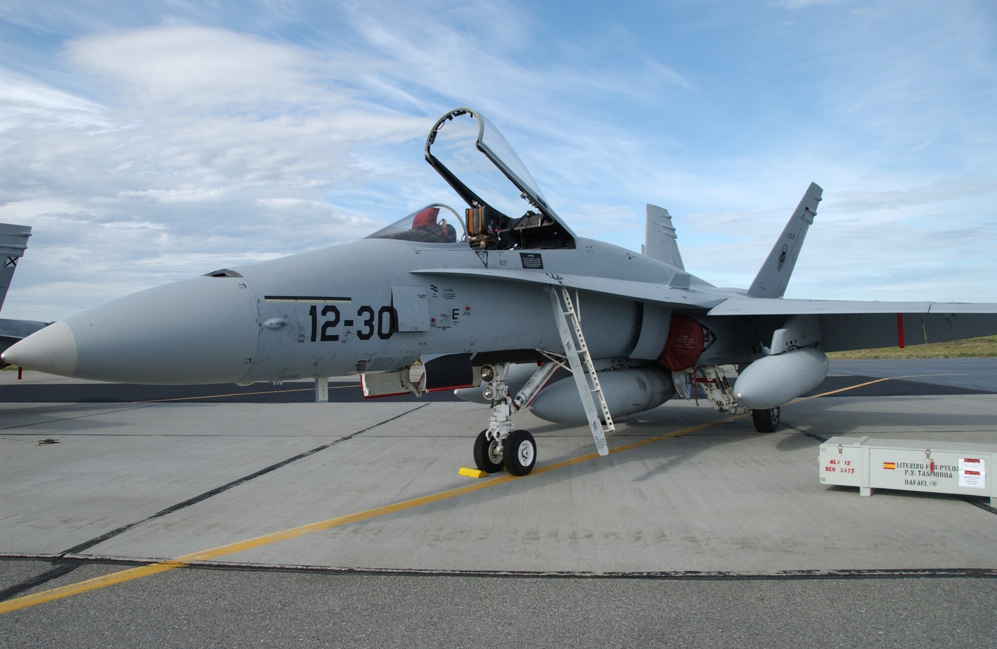 EIELSON AIR FORCE BASE, Alaska -- A Spanish F-18 sits on the flight line waiting to be serviced before a training exercise July 10, 2007. Red Flag-Alaska, a series of Pacific Air Forces commander-directed field training exercises for U.S. forces, provides joint offensive counter-air, interdiction, close air support, and large force employment training in a simulated combat environment. (U.S. Air Force photo by Airman 1st Class Christopher Griffin) 