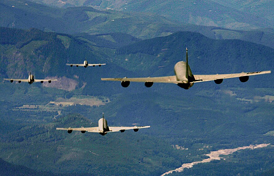 FAIRCHILD AIR FORCE BASE, Wash. – A formation of 141st Air Refueling Wing, Washington Air National Guard KC-135 Stratotankers soar the skies during a flight July 7. The flight marks the end of an era for the 141st ARW, as their KC-135s will be relocated to the Air National Guard’s 185th Air Refueling Wing in Sioux City, Iowa. (U.S. Air Force photo/Airman 1st Class Joshua Chapman) 