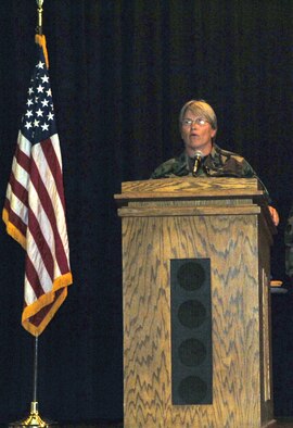 FAIRCHILD AIR FORCE BASE, Wash. – As the newly appointed 92nd Aerospace Medicine Squadron commander, Col. Lisa Kuhar addresses the audience during the change-of-command ceremony July 9. The squadron was also renamed, previously the 92nd Aeromedical Dental Squadron. Colonel Kuhar is a senior flight surgeon who has spent much of her Air Force career at Fairchild. (U.S. Air Force photo/ Senior Airman Chad Watkins) 