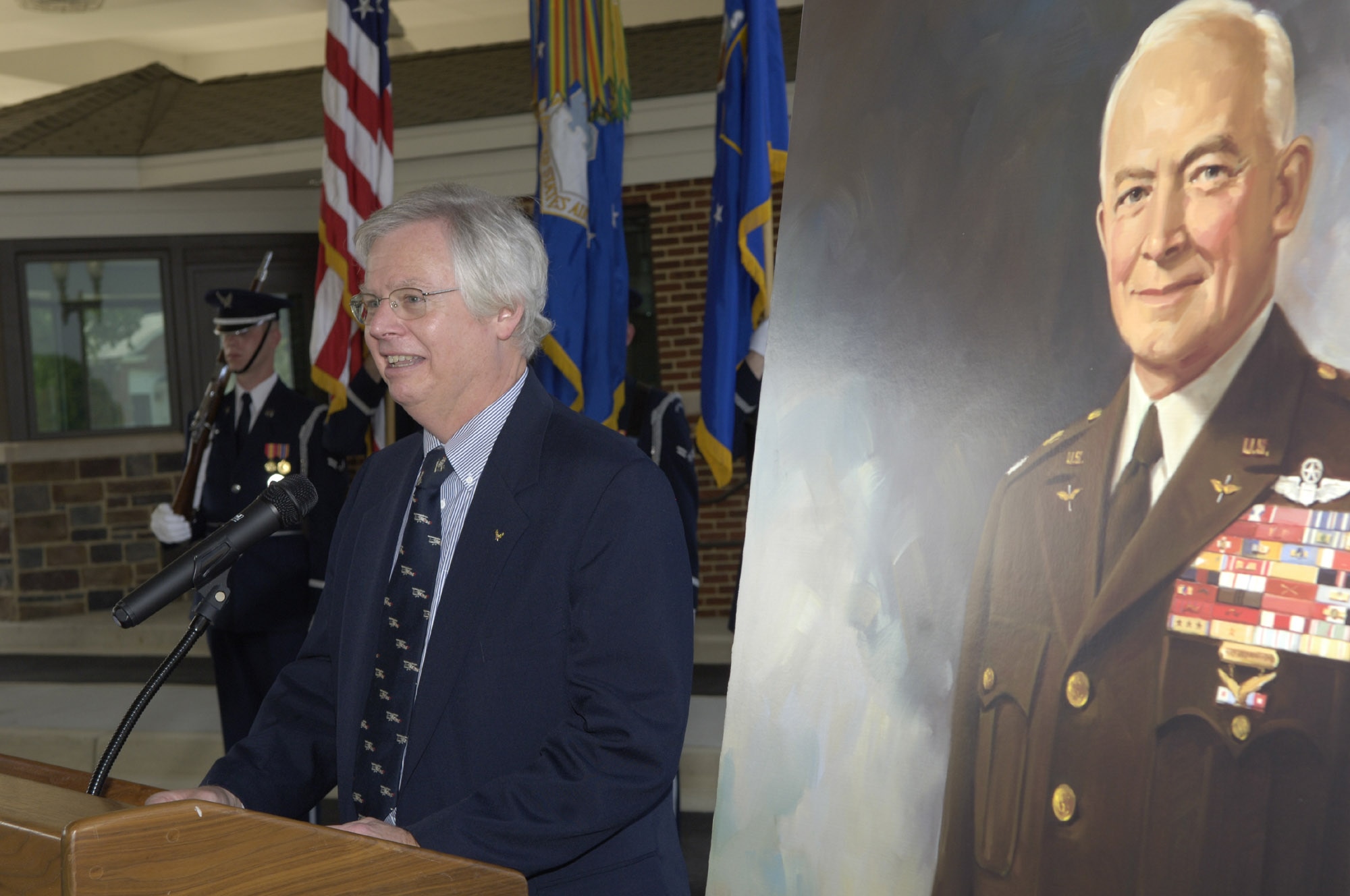 Robert Arnold, grandson of Gen. Henry H. “Hap” Arnold, the first and only five-star General of the Air Force (1949), speaks to 11th Wing Airmen during the Main Gate and Avenue of Flag Dedication Ceremony on Bolling July 9.  (U.S. Air Force photo by Staff Sgt Catherine Thompson)