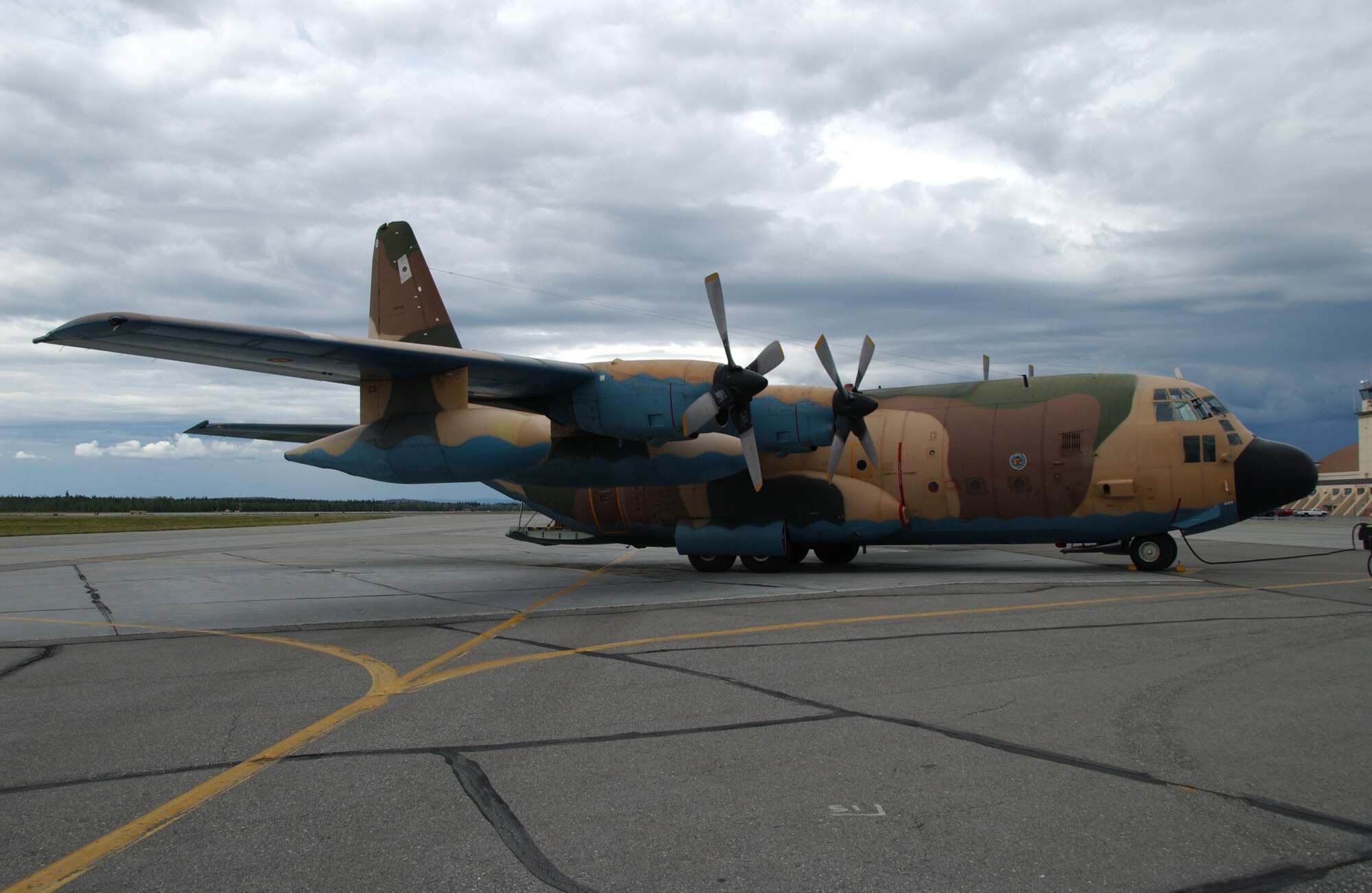 EIELSON AIR FORCE BASE, Alaska -- A Spanish Air Force C-130 parks on the Eielson AFB flight line to unload cargo for their stay during Red Flag-Alaska 07-3 July10, 2007. These exercises are conducted on the Pacific Alaskan Range Complex with air operations flown out of Eielson and Elmendorf Air Force bases in Alaska. (U.S. Air Force photo by Airman 1st Class Christopher Griffin) 