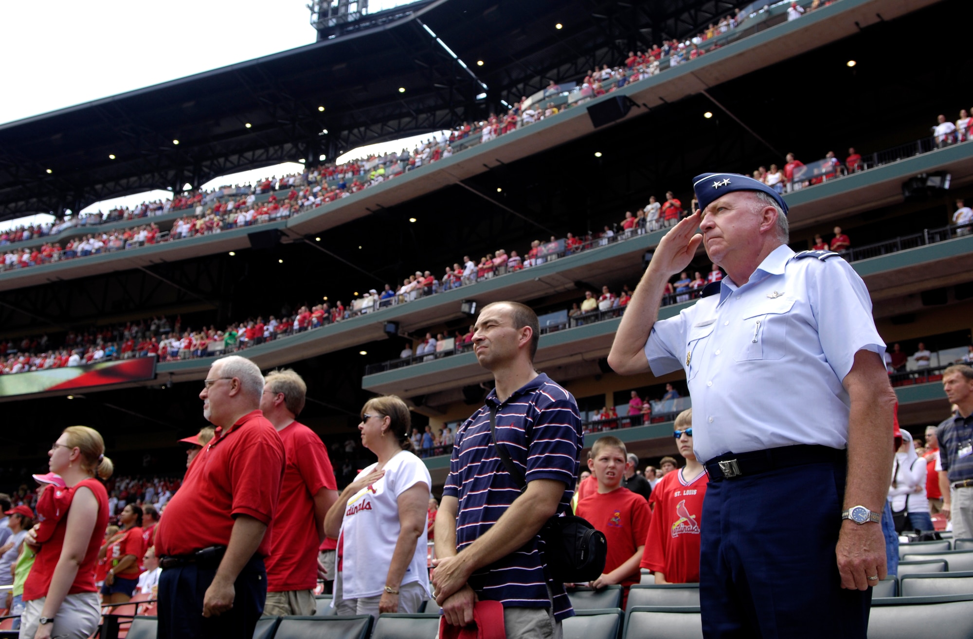 Maj. Gen. Thomas F. Deppe salutes during the National Anthem July 8 at Busch Stadium in St. Louis.  The general threw out the first pitch prior to the Cardinals-Giants game as part of the Air Force Week St. Louis festivities.  General Deppe is the 20th Air Force commander at F.E. Warren Air Force Base, Wyo.  (U.S. Air Force photo/Staff Sgt. Brian Ferguson)